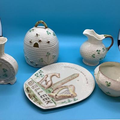 BELLEEK POTTERY HANDMADE IN IRELAND 6 pieces in this lot Honey Pot w/lid, vase, creamer, sugar bowl, Collectors' Plaque