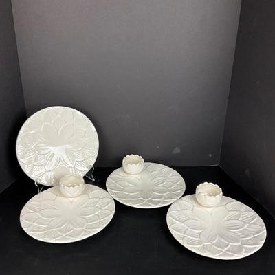 1027 Set of 4 White Majolica Artichoke Plates with 3 Dipping
