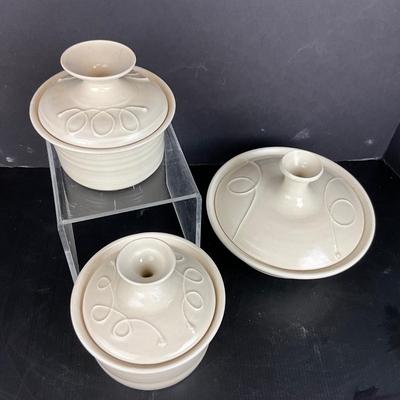 1039 Set of Three Handmade Pottery Lidded Bowls & Canister by Virginia Perram