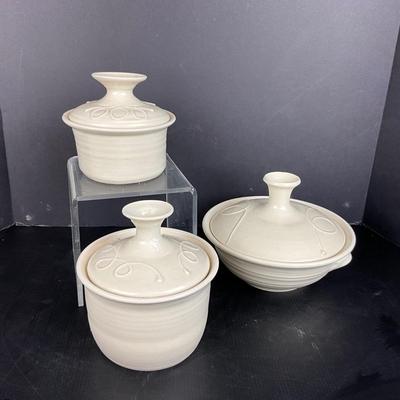 1039 Set of Three Handmade Pottery Lidded Bowls & Canister by Virginia Perram