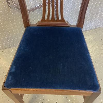 Blue velvet wooden chair 38"H 19"W 17" seat depth