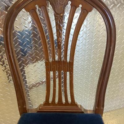 Blue velvet wooden chair 38"H 19"W 17" seat depth