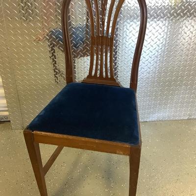 Blue velvet wooden chair 38"H 19"W 17" seat depth