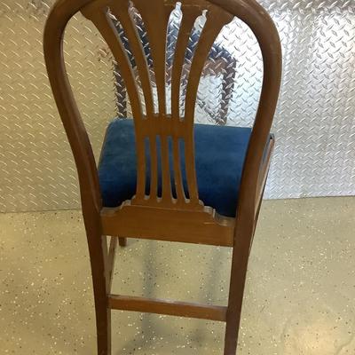 Blue velvet wooden chair 38"H 19"W 17" seat depth