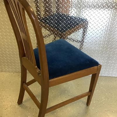 Blue velvet wooden chair 38"H 19"W 17" seat depth