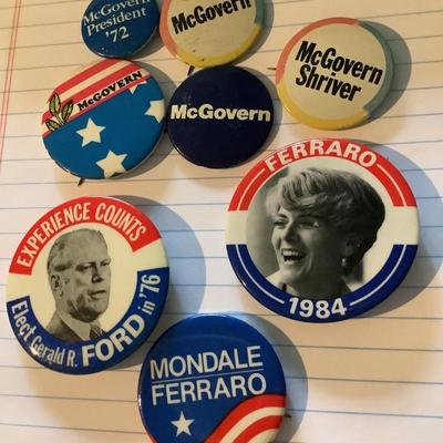 Gerald Ford, Walter Mondale, Geraldine Ferraro, George McGovern, Sargent Shriver 8 Pins, Buttons, Pinback Collectibles