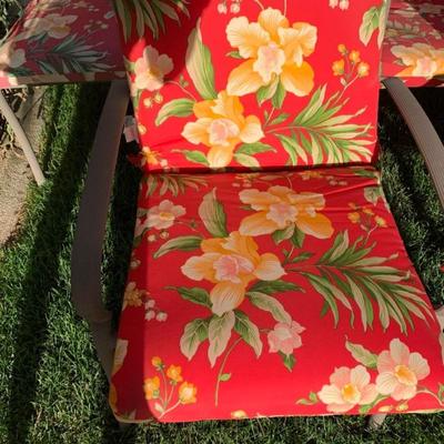 6 Patio Chairs with red/yellow/green cushions