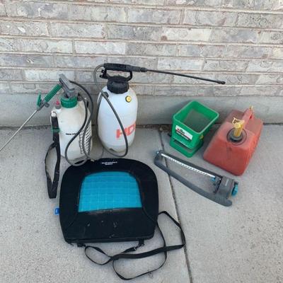 Misc Items: sprayers, seed spreader, sprinkler, gas can & gel pad