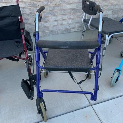 Wheelchair, 2 walkers and rolling basket (one walker is missing a wheel)