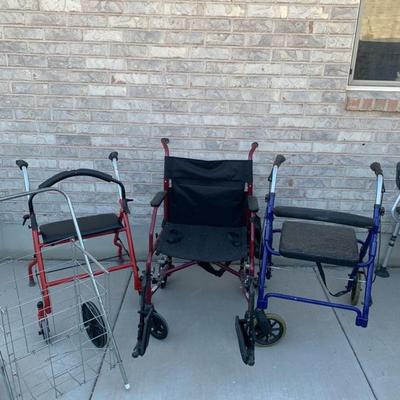 Wheelchair, 2 walkers and rolling basket (one walker is missing a wheel)