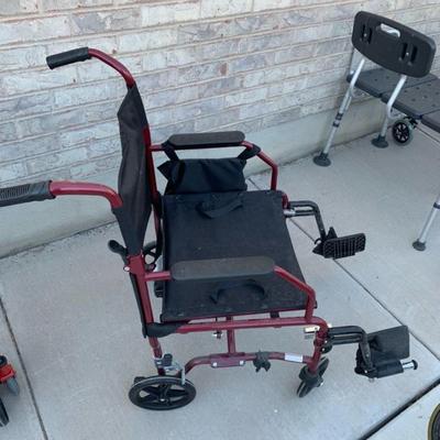 Wheelchair, 2 walkers and rolling basket (one walker is missing a wheel)