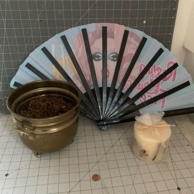 Brass pot, fan, & candle
