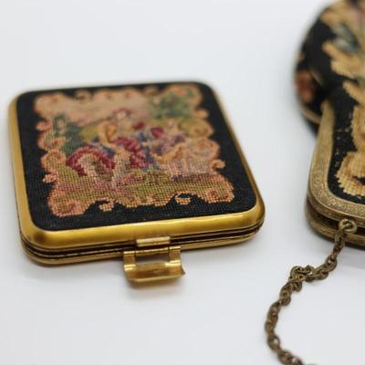 1930s Petit Point Floral Design Handbag & Figural Scenic Compact