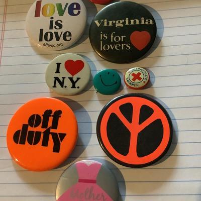 9 pins/buttons-VA is for Lovers, Peace symbol, I love NY, Mother of the Bride