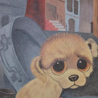 Framed Reproduction of 1960's Big Eyed Sad Puppy by Gig, Signed Weston