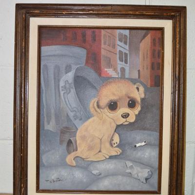 Framed Reproduction of 1960's Big Eyed Sad Puppy by Gig, Signed Weston