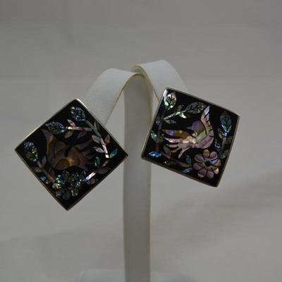 Vintage 925 Sterling Clip-On Earrings w/ Mother of Pearl & Onyx