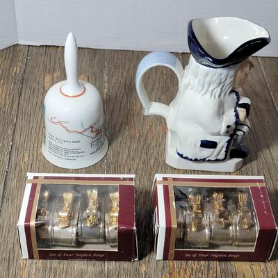 Vintage Paul Revere Bell, Staffordshire Mug & 8 Silverplated Napkin Holders