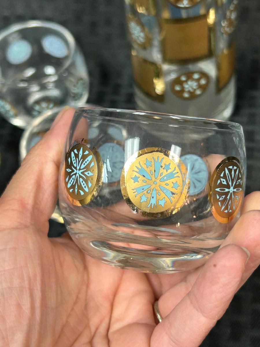 Mid Century Glasses Barware 4 Tumblers Gold and Teal Circles