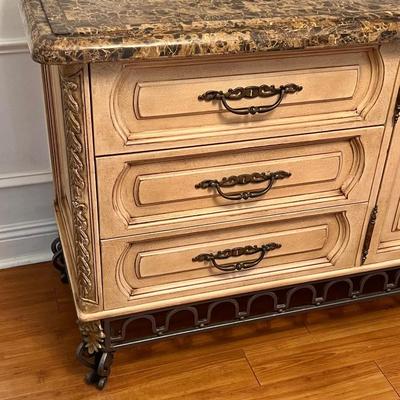 Solid Wood Distressed Faux Inlaid Marble Top Console / Dresser