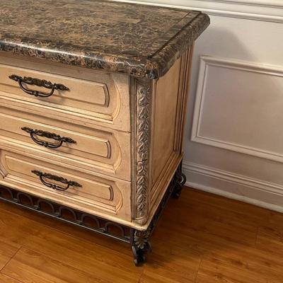 Solid Wood Distressed Faux Inlaid Marble Top Console / Dresser