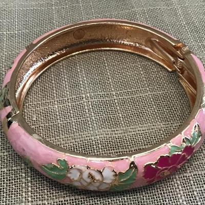 Jiu Long Xing Hot Pink  Enameled Bangle Bracelet Hinged CloisonnÃ© Signed