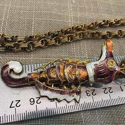 1/20 Gold Filled Vintage Chain with  CloisonnÃ© Enamel Feng Shui Hippocampus Sea Horse Pendant