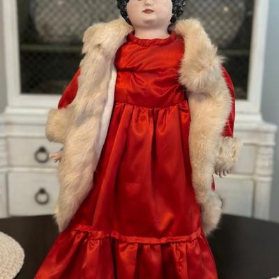 Red Dress/Mink Fur Porcelain Doll 22