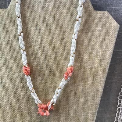 Vintage Mother of Pearl Coral Jade Twisted Bead Barrel Clasp Necklace with Matching Bracelet