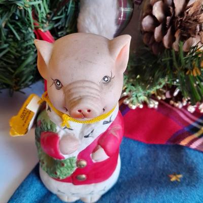 Christmas Decorations, wreath, pig ornament, stockings and more