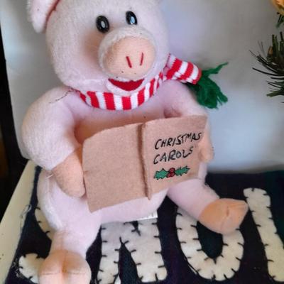 Christmas Decorations, wreath, pig ornament, stockings and more