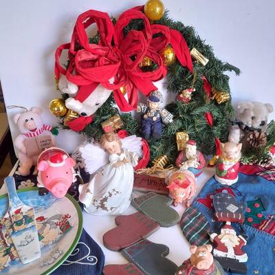 Christmas Decorations, wreath, pig ornament, stockings and more