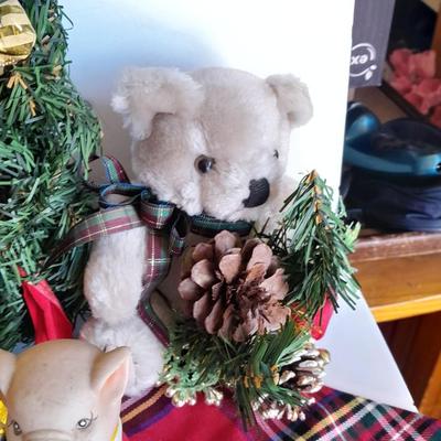 Christmas Decorations, wreath, pig ornament, stockings and more