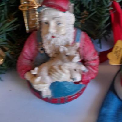 Christmas Decorations, wreath, pig ornament, stockings and more