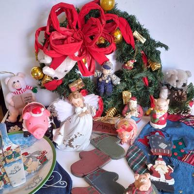 Christmas Decorations, wreath, pig ornament, stockings and more