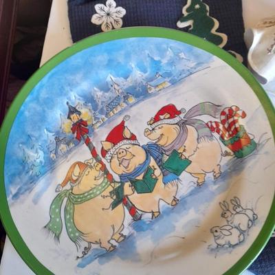 Christmas Decorations, wreath, pig ornament, stockings and more