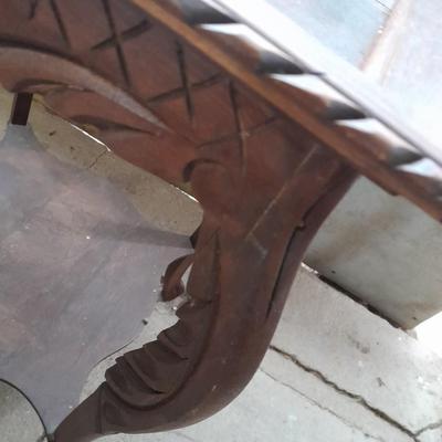 Antique wooden two-tiered table with faux clock music box