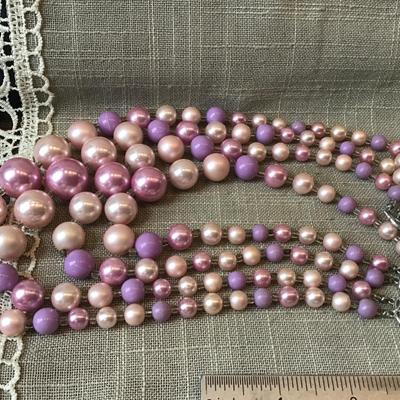 Vintage Beautiful 4Strand Japan Necklace. Pinks purple satin tones