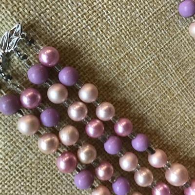 Vintage Beautiful 4Strand Japan Necklace. Pinks purple satin tones