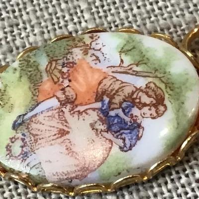 Vintage Fragonard  Lovers Courting Couple Oval Porcelain Gold Tone Accents  Earrings