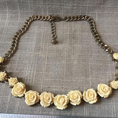 Vintage Necklace Celluloid White Rose Type Accent Choker Necklace