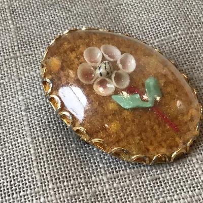 Vintage Glass Dome Floral Shell Brooch