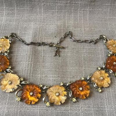 Vintage STAR Lucite Glass Rhinestones Enamel Flower Necklace Signed