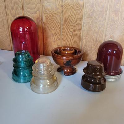 Vintage Glass & Ceramic Insulators & Two Red Indicator Globes (O-DW)