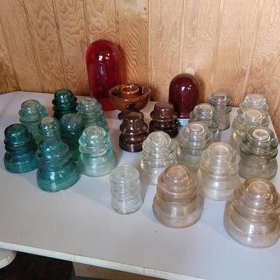 Vintage Glass & Ceramic Insulators & Two Red Indicator Globes (O-DW)