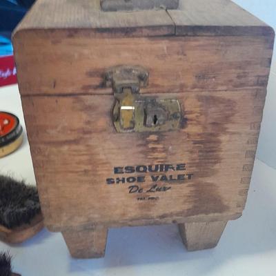 Antique wooden Esquire Show Valet De Luxe with shoeshine accessories
