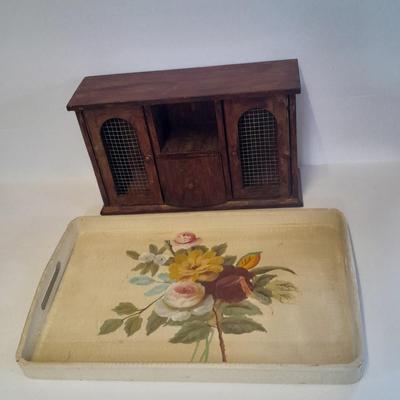 Shabby hand painted Vintage wooden tray with trinket box