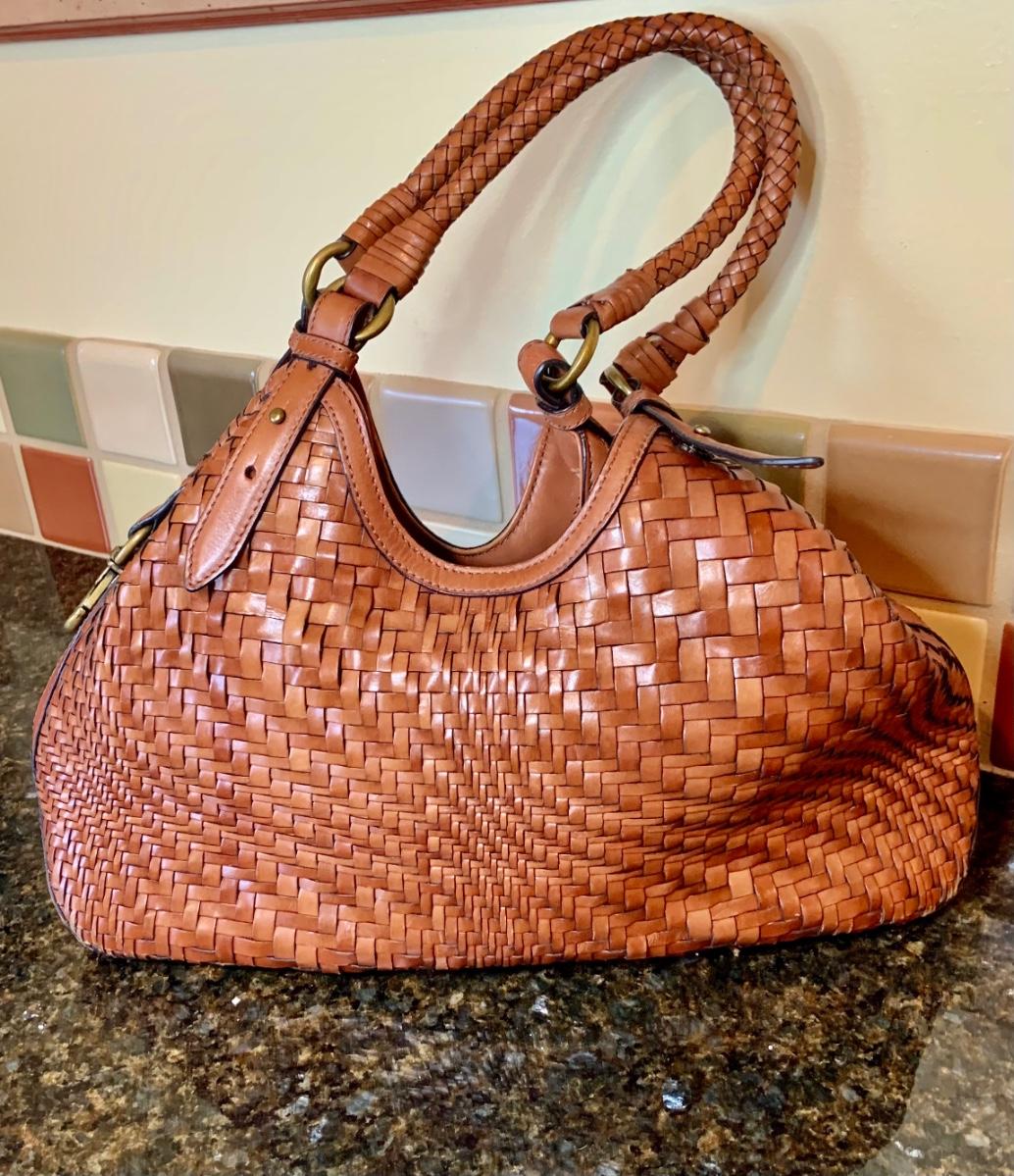 LOT 49G Cole Haan Genevieve Brown Woven Leather Triangle Tote EstateSales