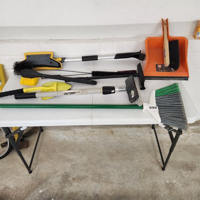 Table Lot Household Items Broom , Brushes, Dust pan , Snow Rake Dryer Lint Brushes