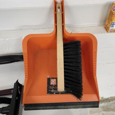 Table Lot Household Items Broom , Brushes, Dust pan , Snow Rake Dryer Lint Brushes